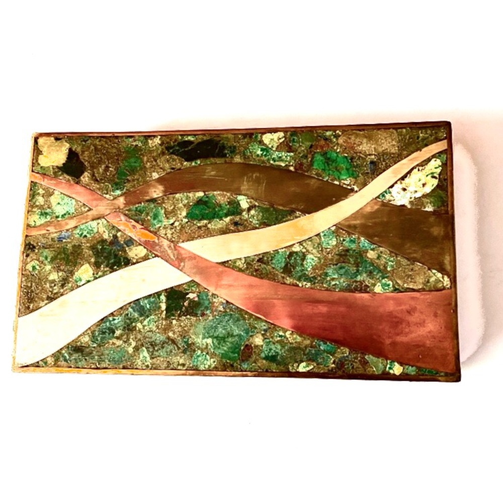 MCM Mexican Brass Malachite Inlaid Top Decorative Box